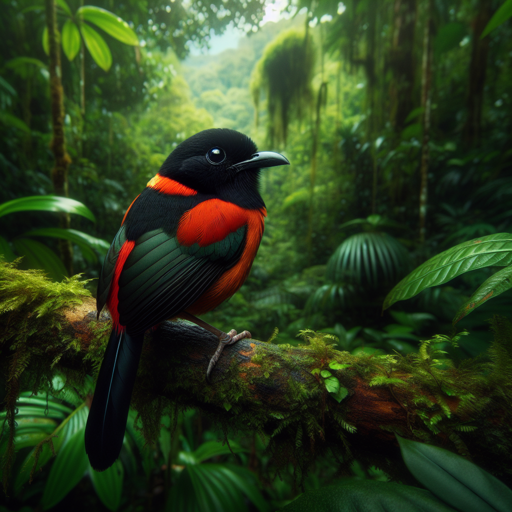 A hooded pitohui with black plumage on its head and bright orange-red chest perched on a branch in a New Guinea rainforest.