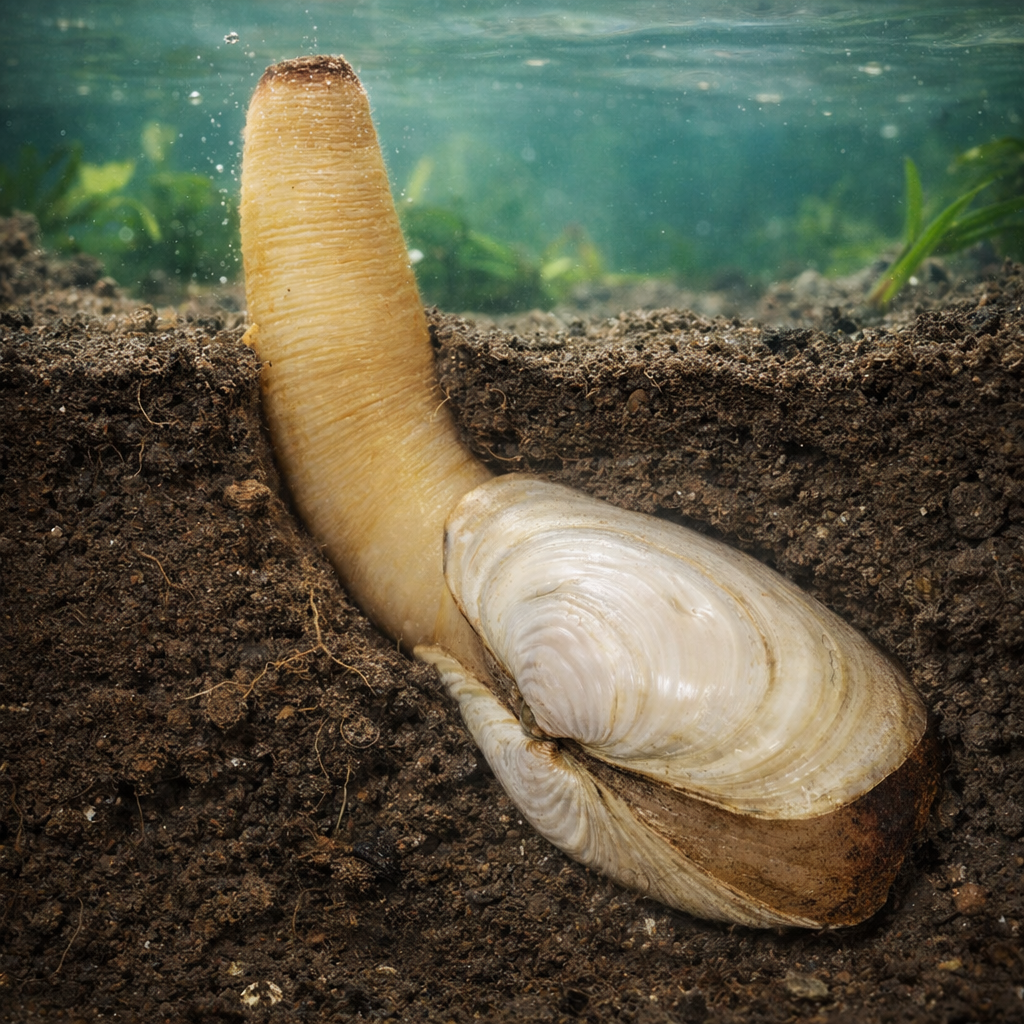 A geoduck clam on the ocean floor with its large, trunk-like siphon extended upward from its small shell buried in sand